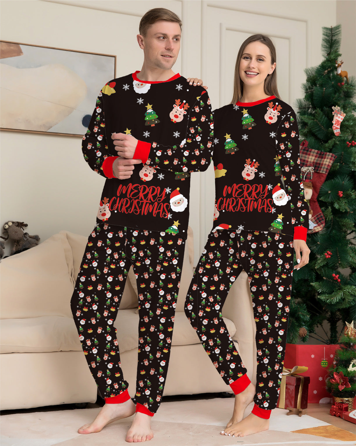 Pyjamas Noël assortis pour couple – idée cadeau Noël pour homme et femme, parfaits pour célébrer les fêtes.
